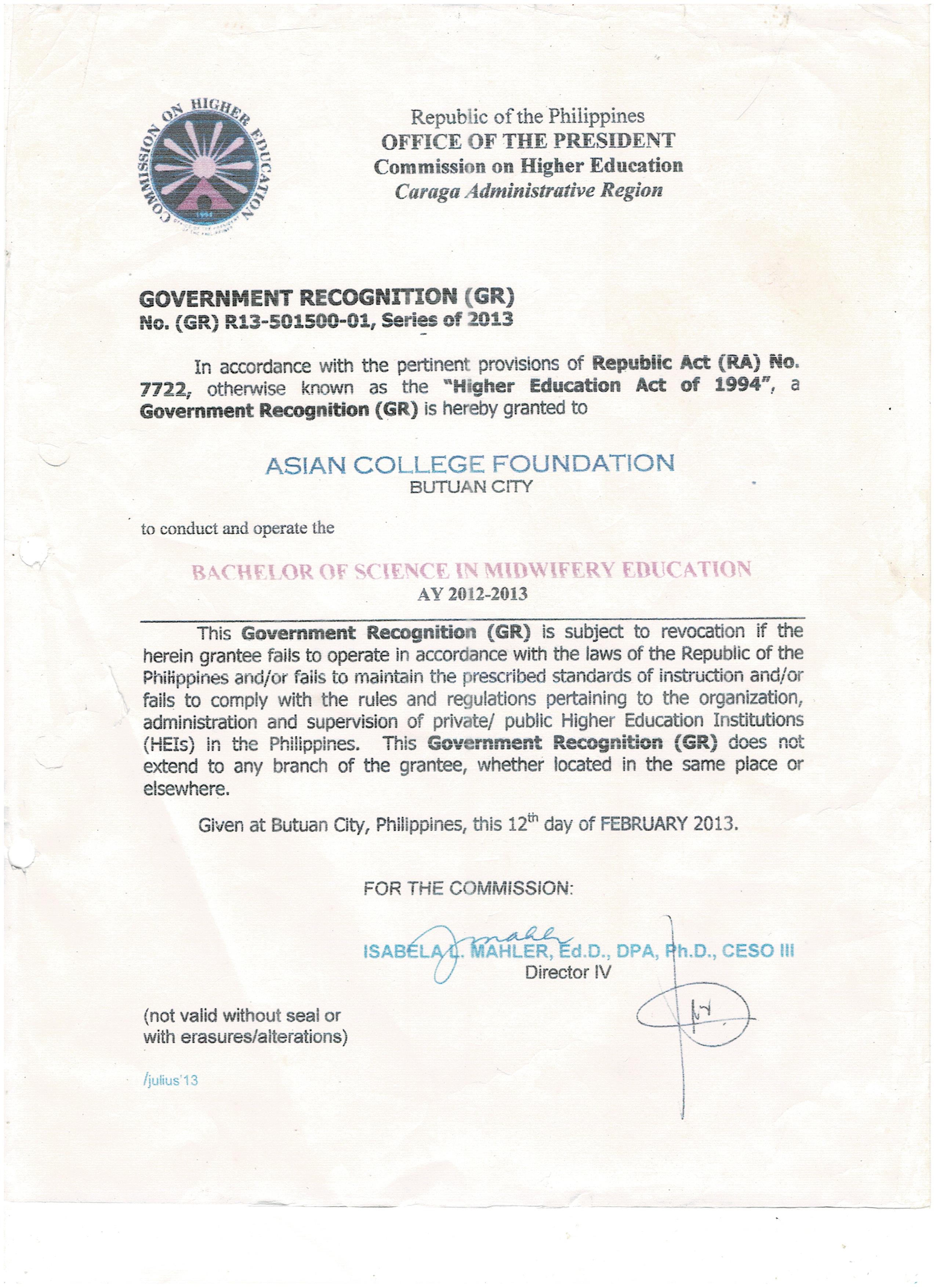 CHED Recognition cover